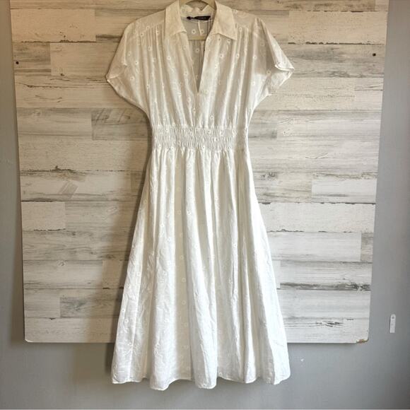 NWT Zara Openwork Embroidered Midi Cotton Dress Oyster White Blogger Favorite XS - Picture 2 of 16
